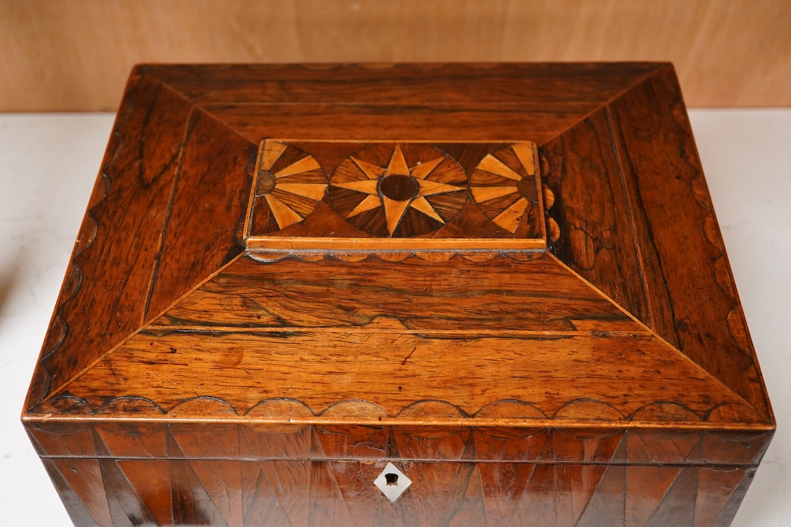 A William IV rosewood and specimen parquetry selling box, 27cm wide x 11.5cm high
